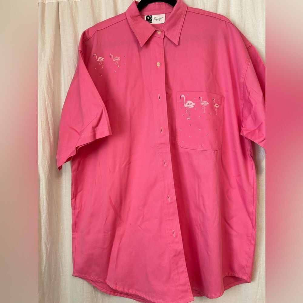 Sunset Coast XL Flamingo button front heavy weight shirt Flamingo sequins